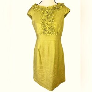 Taylor Women’s Green Linen Sleeveless Sheath Dress Ruffle Floral Detail Size 10